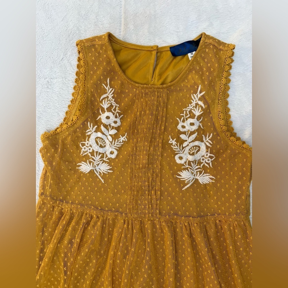 🌻 Blue Rain by Francesca’s - Mustard Yellow Embroidered Sleeveless Dress - Picture 6 of 9